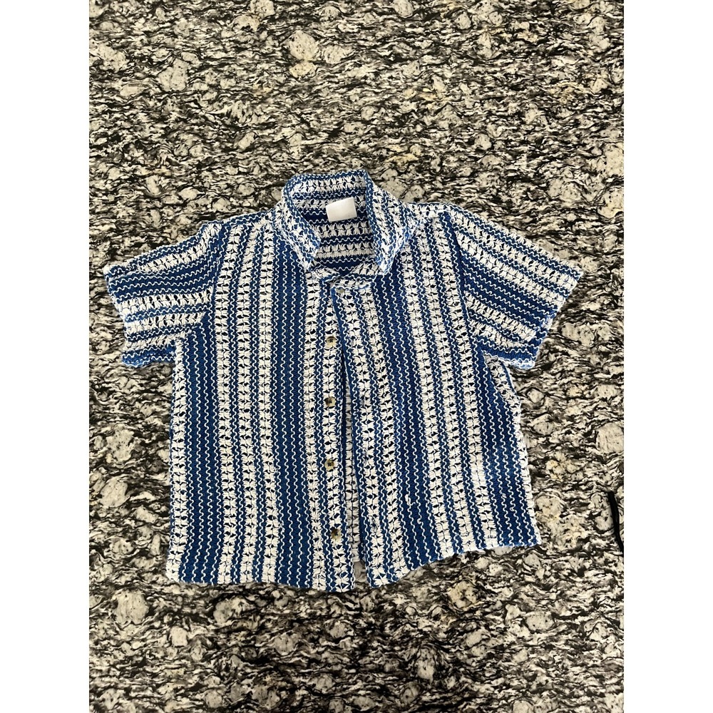 Cotton On Kids Shirt Boys 8 Blue White Casual Vanilla Crochet Striped Button Up